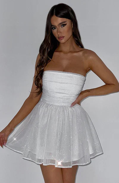 Kleid Minikleid Schulterfrei Glitzer Rock Party