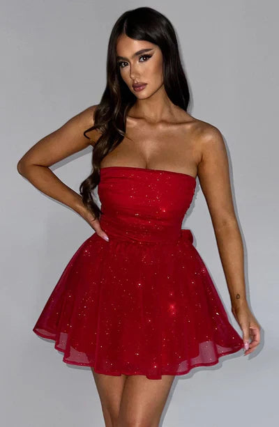 Kleid Minikleid Schulterfrei Glitzer Rock Party