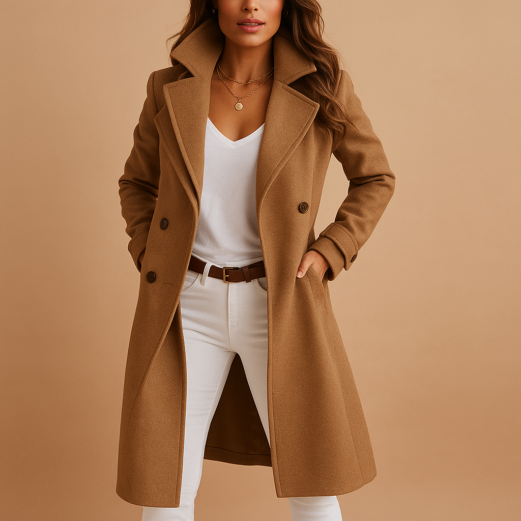 Eleganter camel Damenmantel mit Knopfleiste

