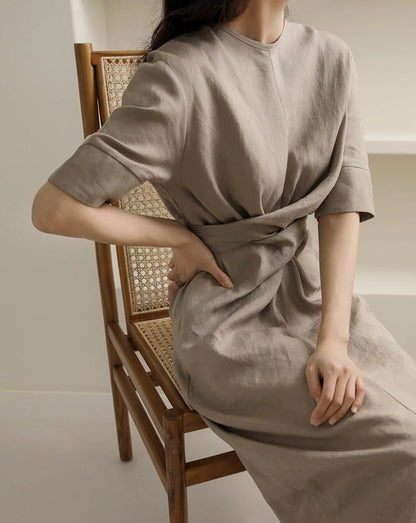 Khaki Leinenkleid Unregelmäßig Elegant Damen