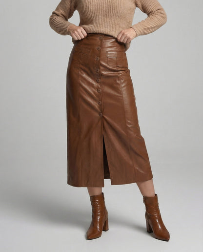 Lederrock Damen Lang Knopfleiste Schwarz Elegent - BerlinGlamour