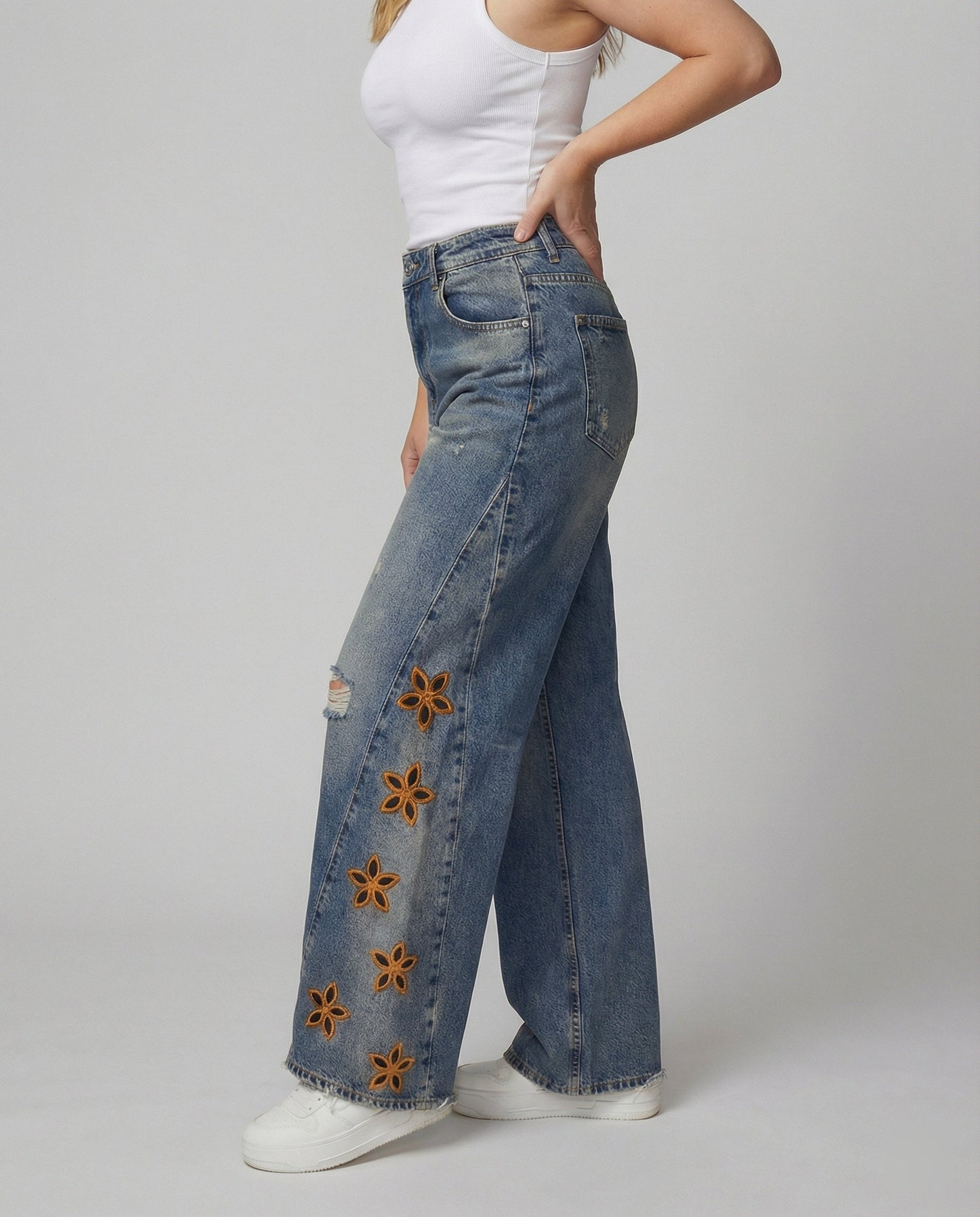 Weite Damen Jeans Blumenmuster Bunt