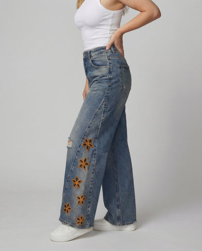 Weite Damen Jeans Blumenmuster Bunt