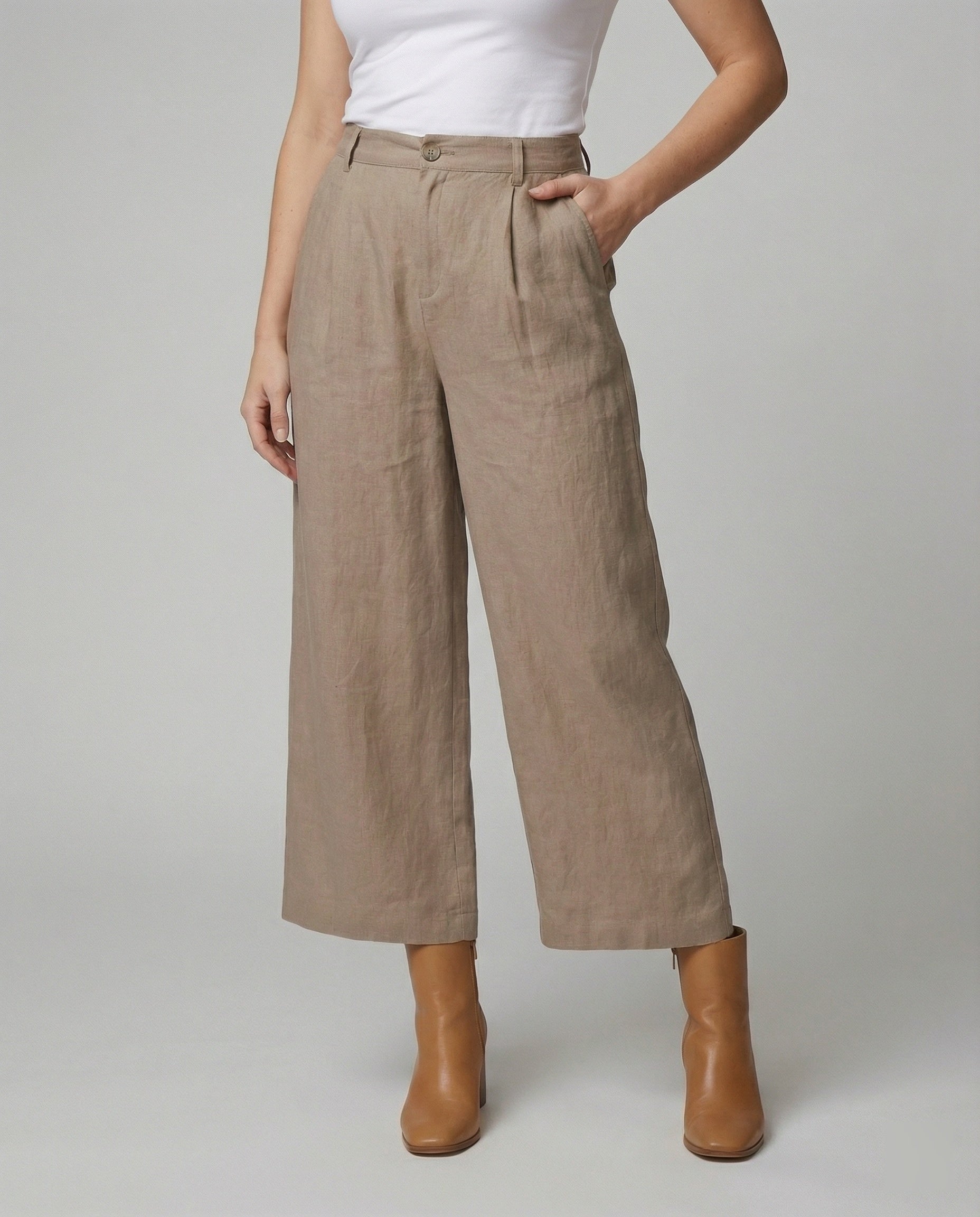 Damen Leinenhose Weite Bein mit Gummibund und Taschen - BerlinGlamour