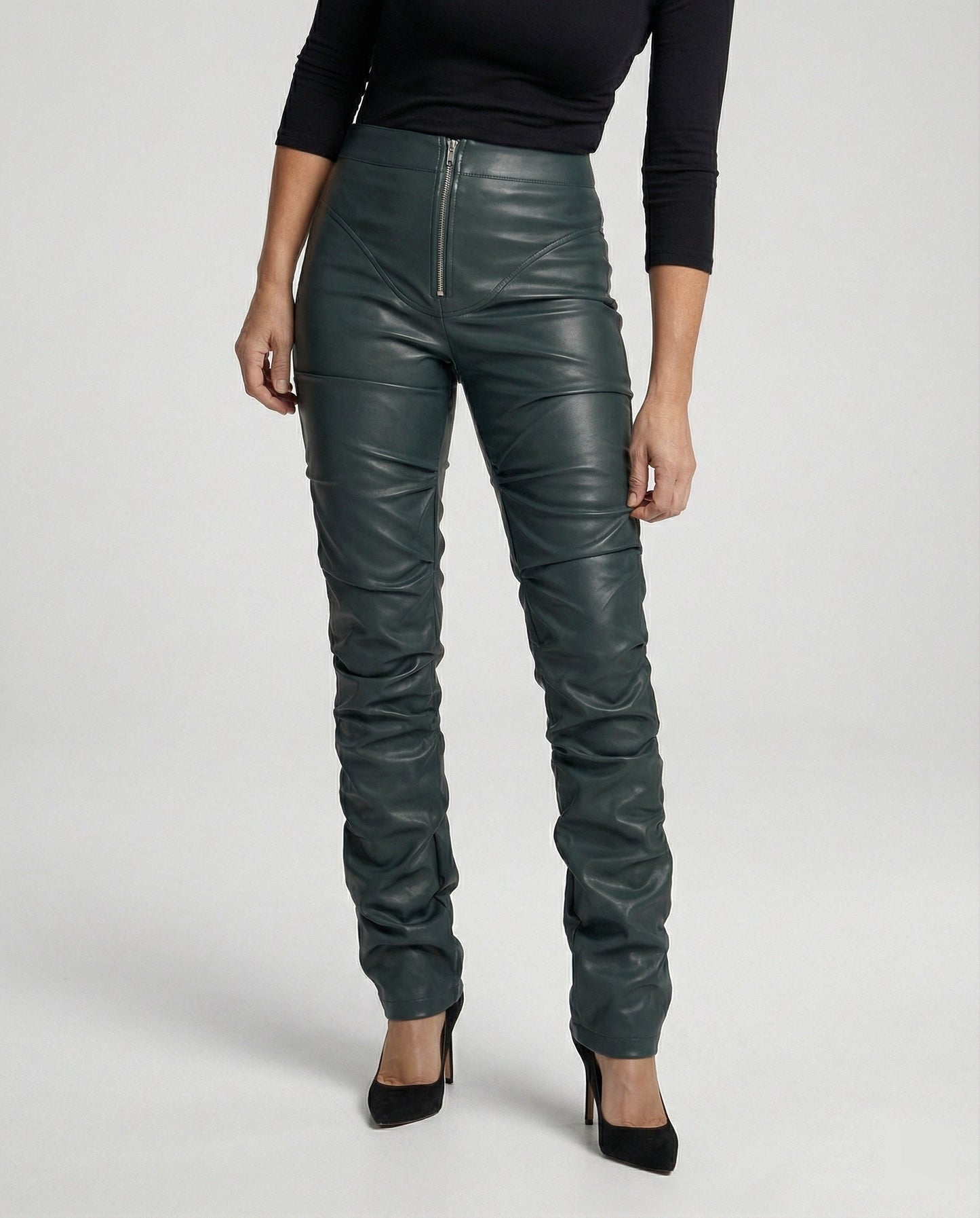 Damen High-Waist Hose Kunstleder Weites Bein Schwarz