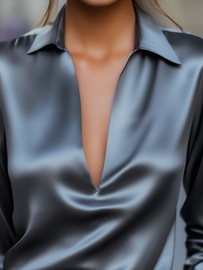Damen Bluse V-Ausschnitt Satin Frühlingsmode