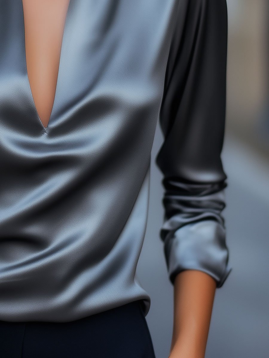 Damen Bluse V-Ausschnitt Satin Frühlingsmode
