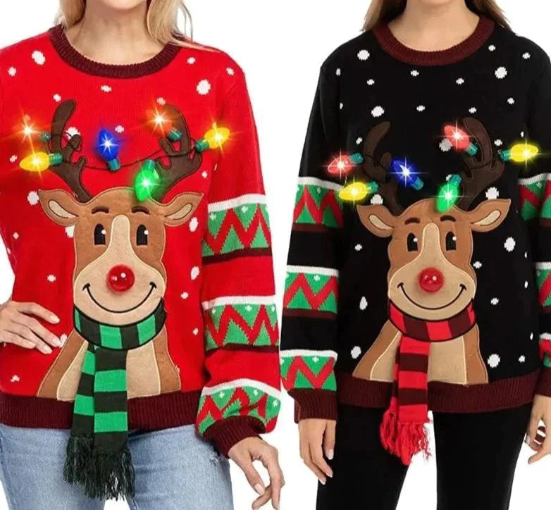 Damen-Strickpullover mit LED-Lichtern im Weihnachts-Rentier-Design