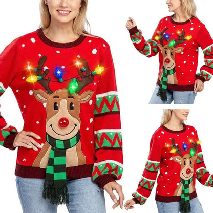 Damen-Strickpullover mit LED-Lichtern im Weihnachts-Rentier-Design