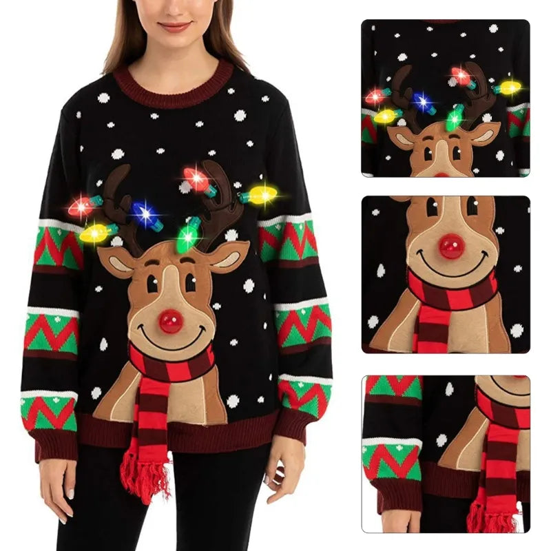 Damen-Strickpullover mit LED-Lichtern im Weihnachts-Rentier-Design