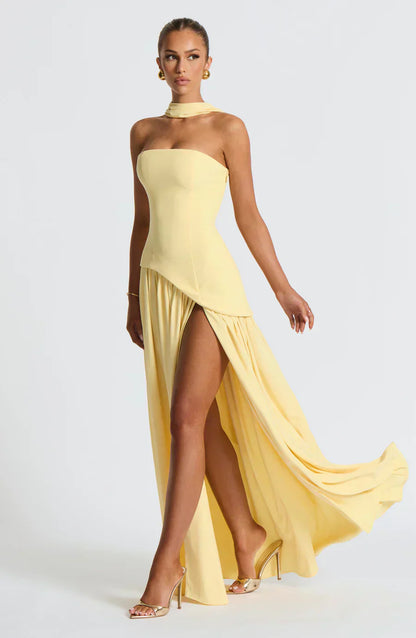 Damen Maxi Kleid Asymmetrisch Hochzeitsgast Outfit Elegant - BerlinGlamour