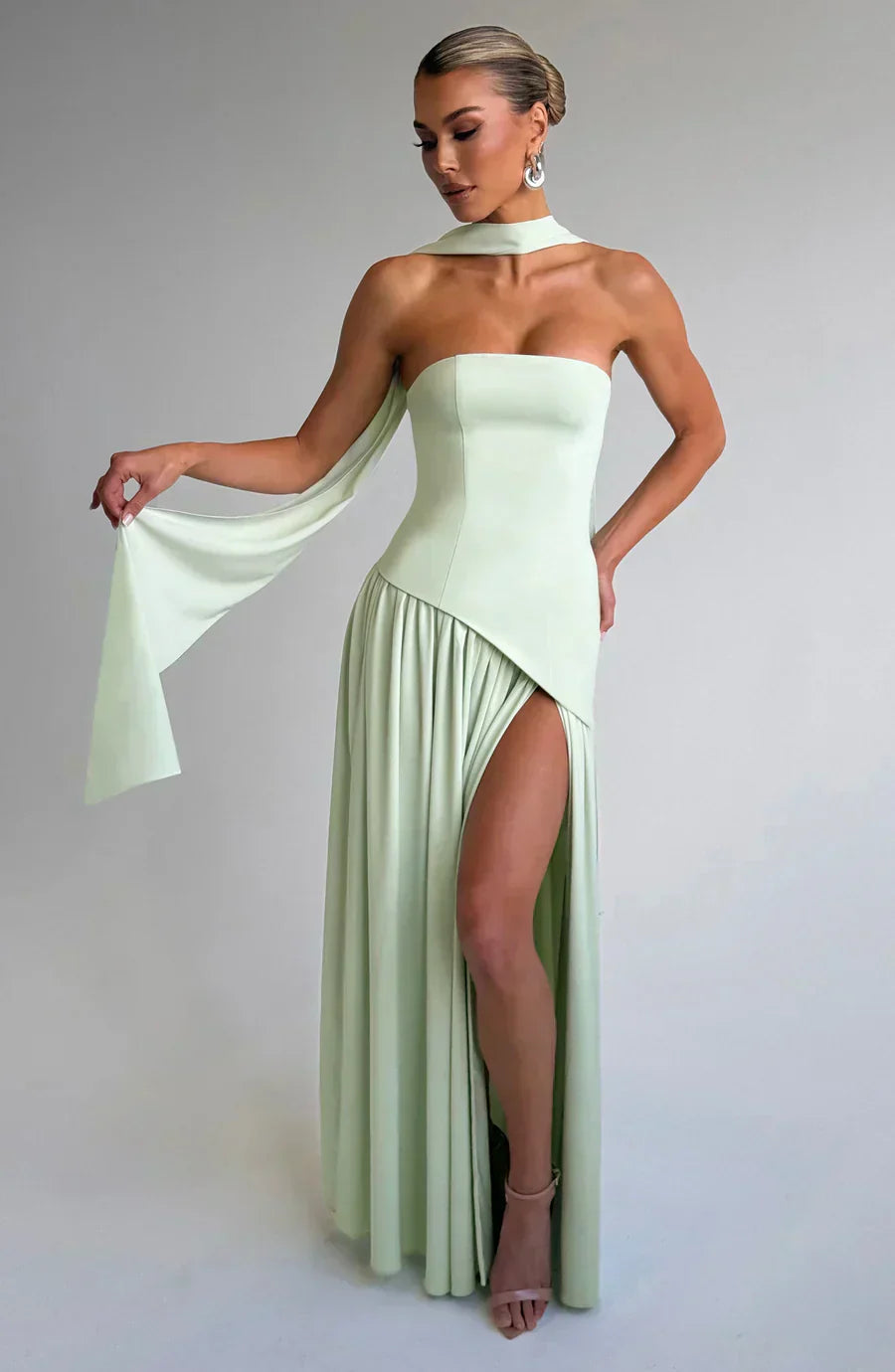 Damen Maxi Kleid Asymmetrisch Hochzeitsgast Outfit Elegant