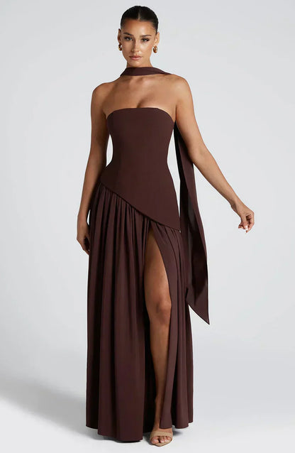 Damen Maxi Kleid Asymmetrisch Hochzeitsgast Outfit Elegant