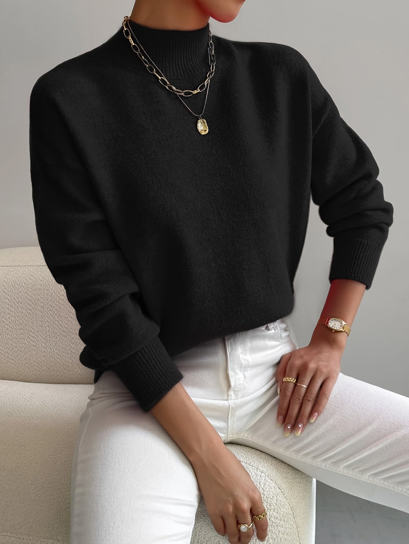Damen Pullover Klassisch Warm Mit Hochem Kragen