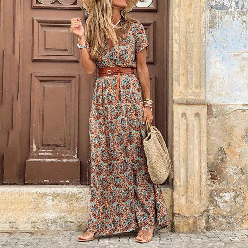 Boho Maxikleid Paisley Muster Gürtel Damen - BerlinGlamour