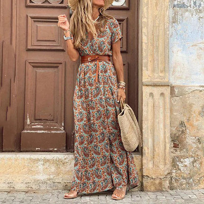 Boho Maxikleid Paisley Muster Gürtel Damen - BerlinGlamour