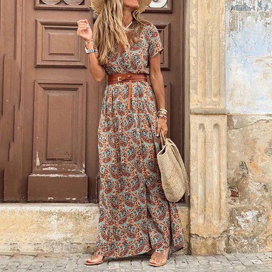 Boho Maxikleid Paisley Muster Gürtel Damen - BerlinGlamour