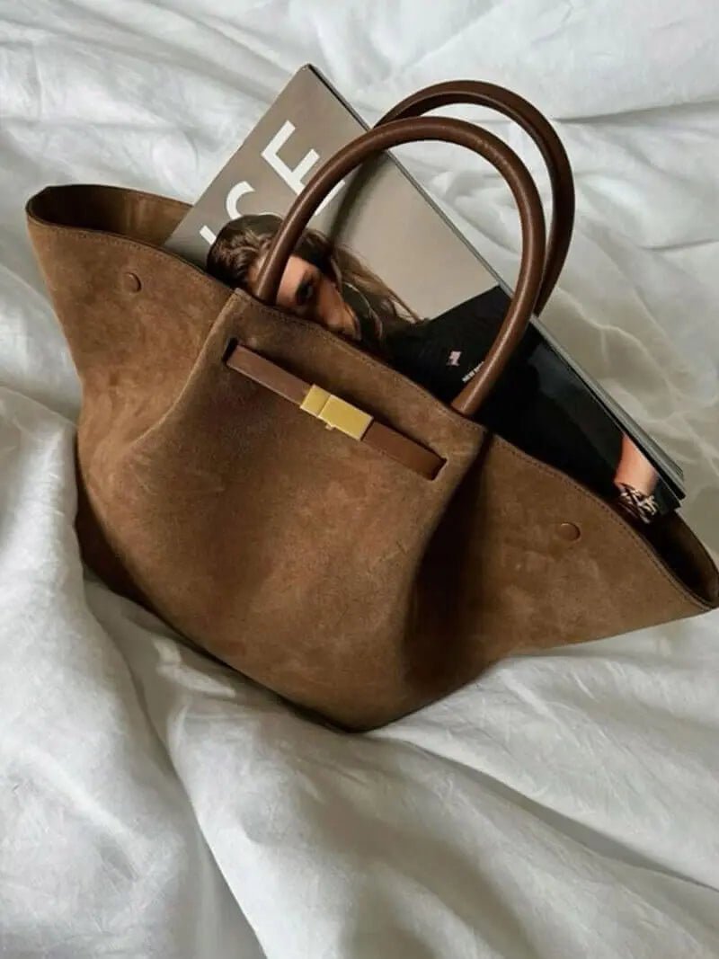Braune Leder Tote Bag Damen mit Schulterriemen Gold