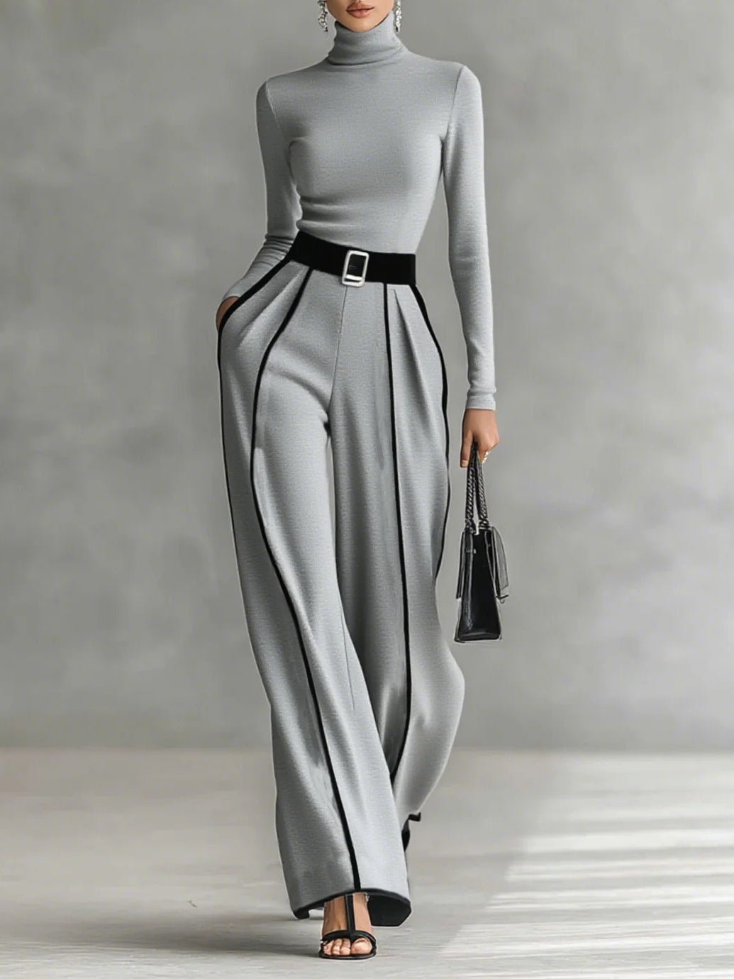Damen Set Zweiteilig Rollkragen Top und Weite Hose mit Gürtel