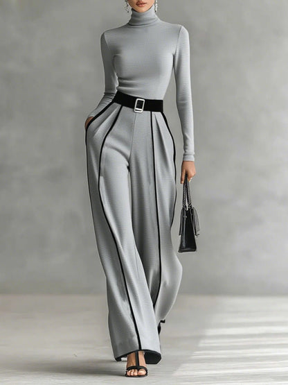 Damen Set Zweiteilig Rollkragen Top und Weite Hose mit Gürtel