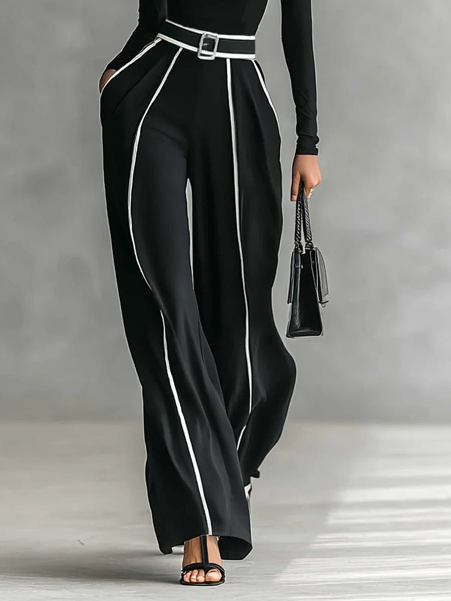 Damen Set Zweiteilig Rollkragen Top und Weite Hose mit Gürtel