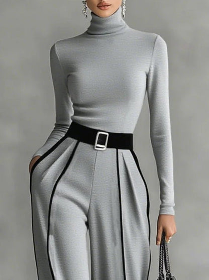 Damen Set Zweiteilig Rollkragen Top und Weite Hose mit Gürtel