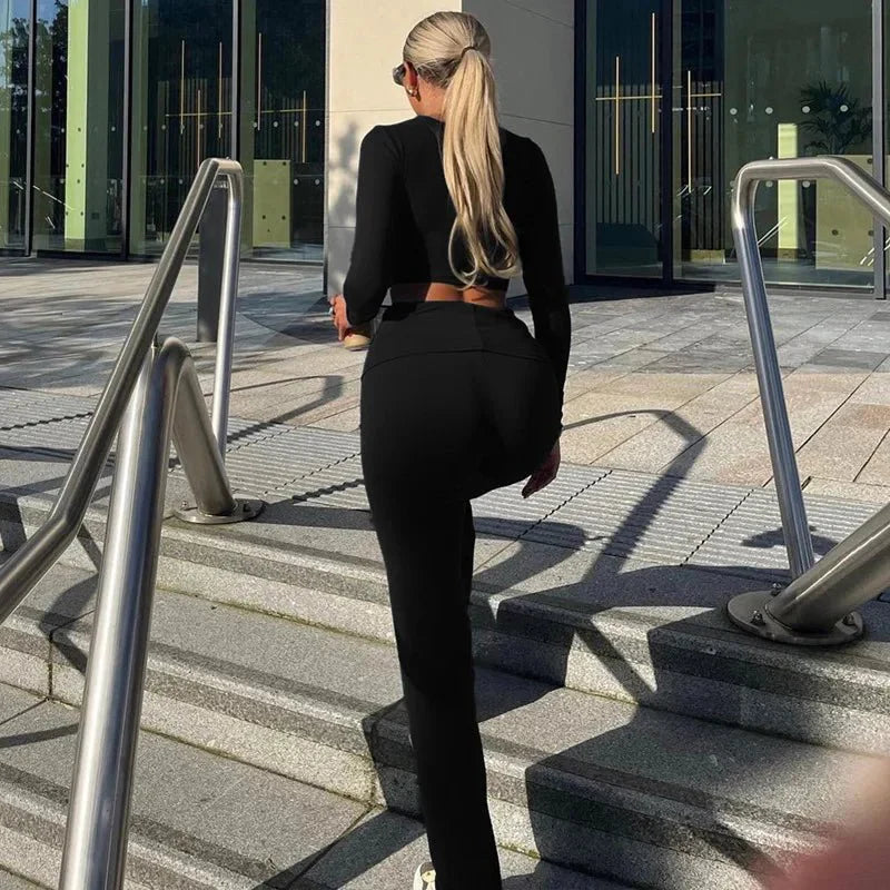 Damen Zweiteiler Crop Top und High Waist Hose Elegant