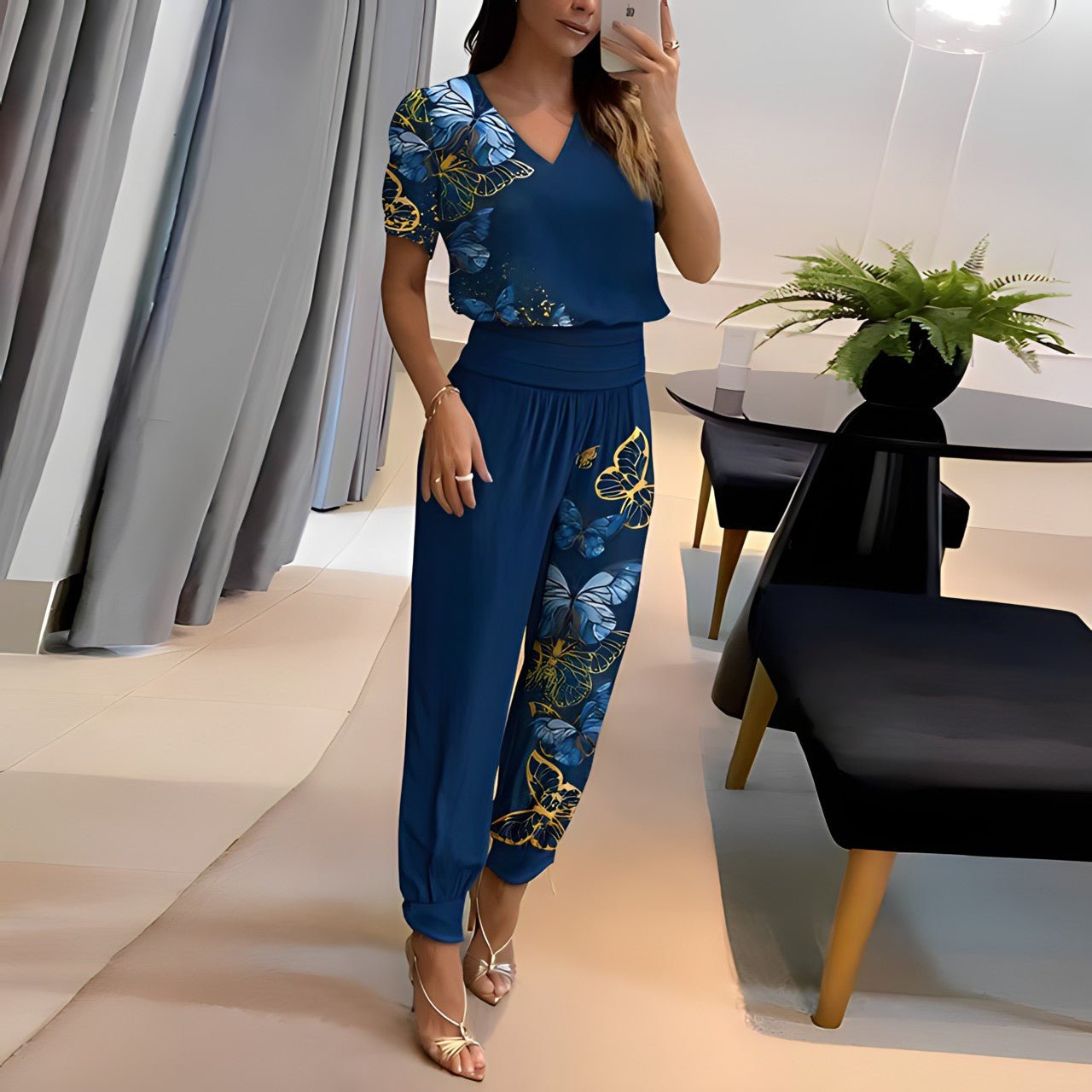 Damen Zweiteiler Sommer Moderner Print V-Ausschnitt