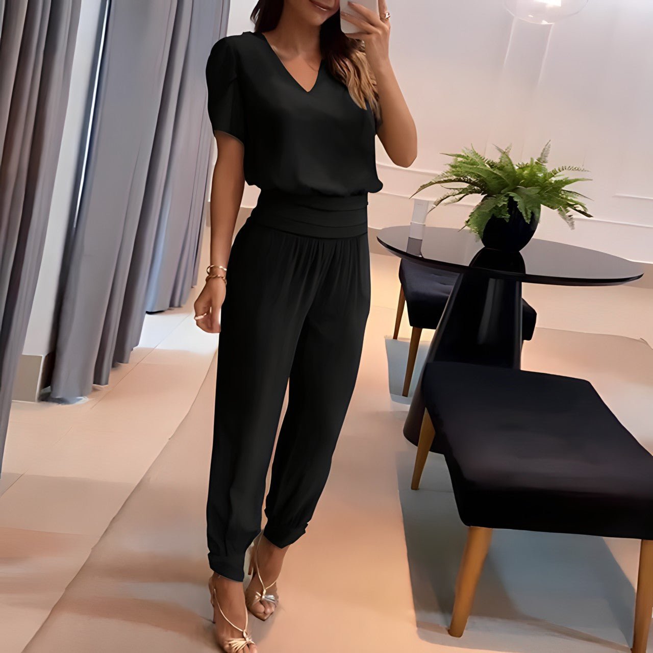 Damen Zweiteiler Sommer Moderner Print V-Ausschnitt