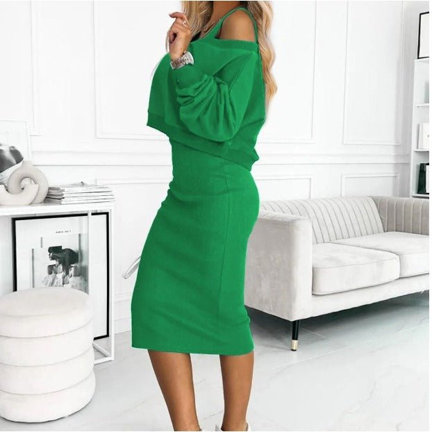 Damen Zweiteiler Pullover mit V-Ausschnitt und Midikleid Figurbetont