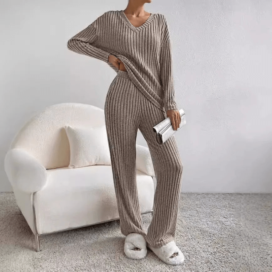 Damen Strickset Zweiteiler V-Ausschnitt Weit