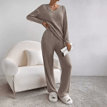 Damen Strickset Zweiteiler V-Ausschnitt Weit