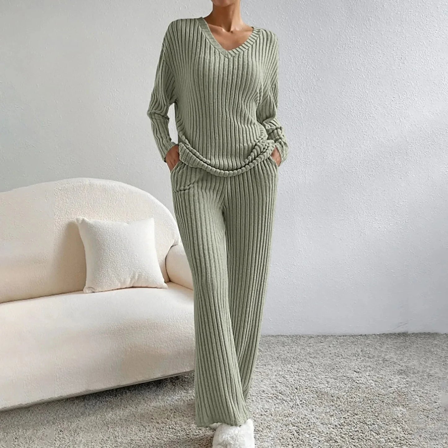 Damen Strickset Zweiteiler V-Ausschnitt Weit