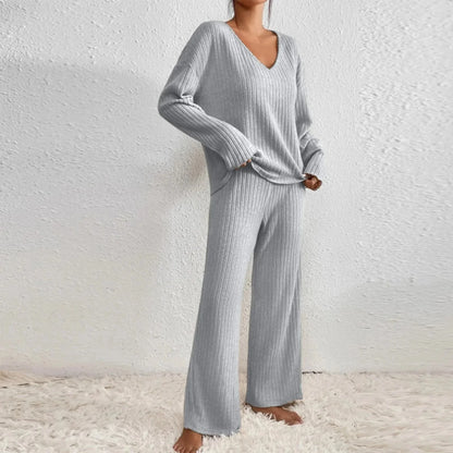 Damen Strickset Zweiteiler V-Ausschnitt Weit