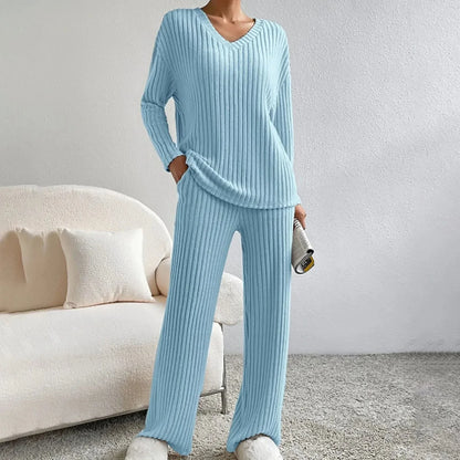 Damen Strickset Zweiteiler V-Ausschnitt Weit