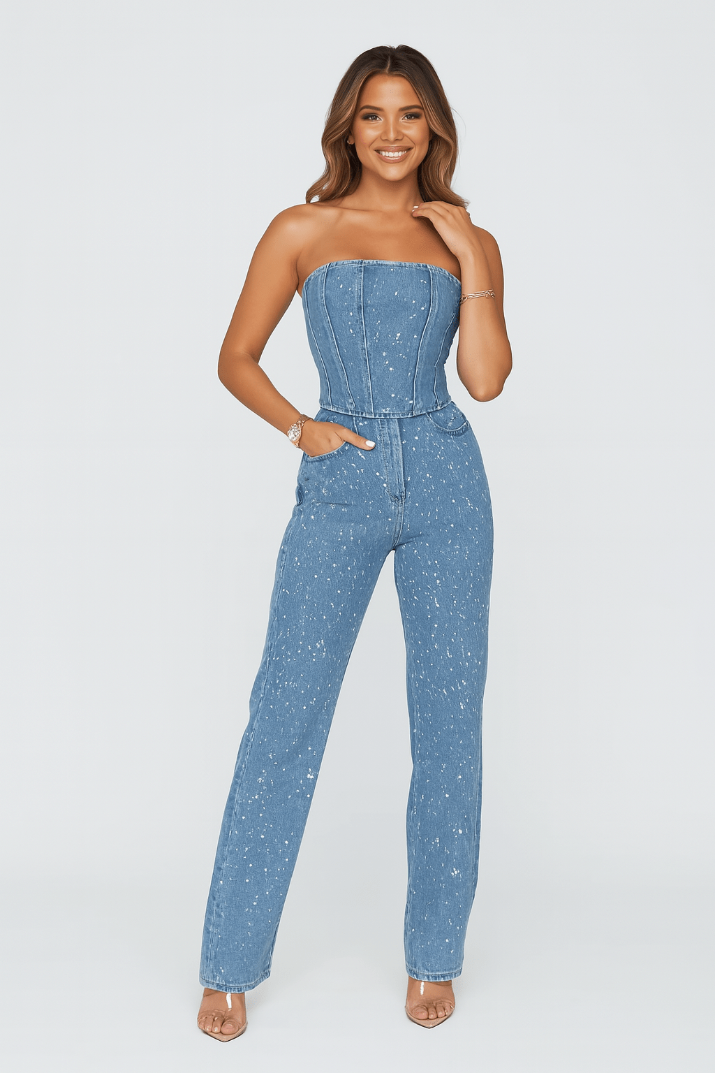 Eleganter Damen Jumpsuit Strapslos Denim