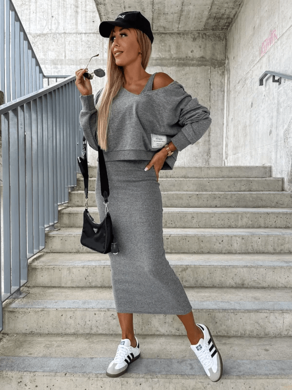 Modisches Streetwear Set: Cropped Pullover mit Midirock