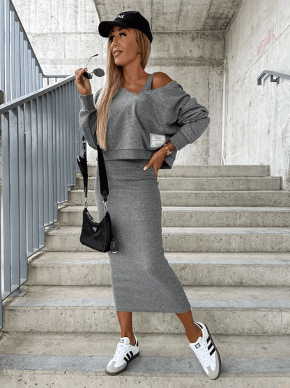 Modisches Streetwear Set: Cropped Pullover mit Midirock