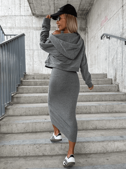 Modisches Streetwear Set: Cropped Pullover mit Midirock