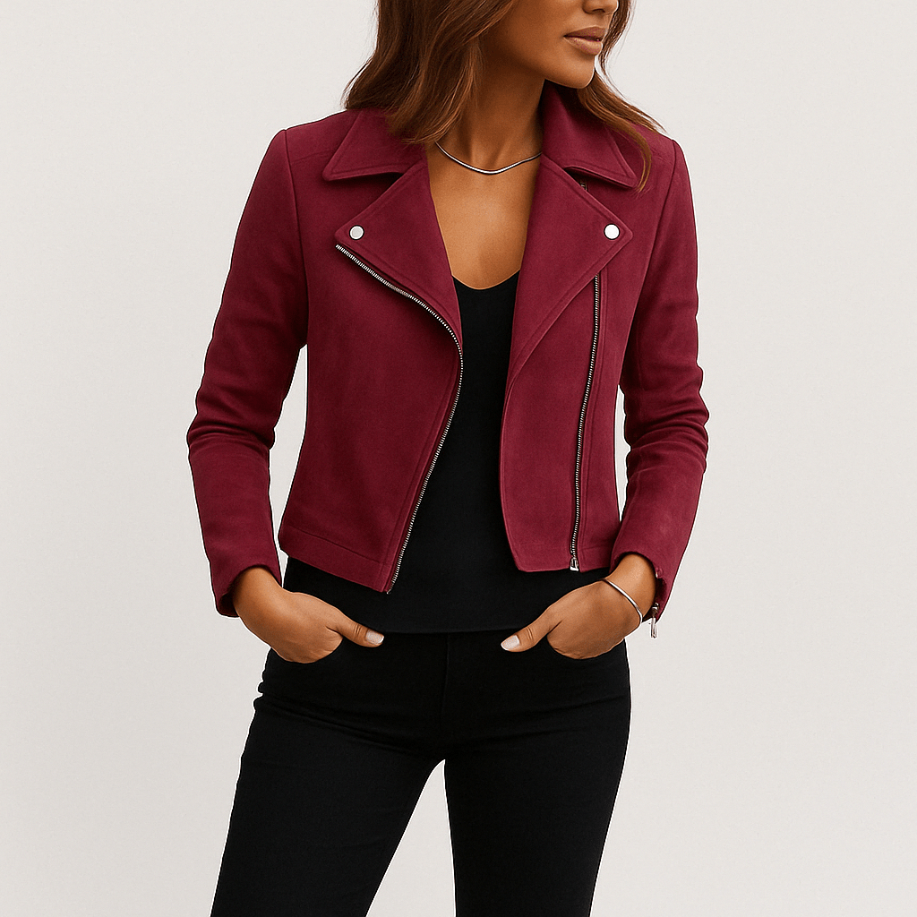 Lederbikerjacke Damen Modern Wildleder Optik Schwarz