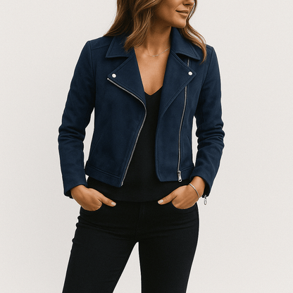 Lederbikerjacke Damen Modern Wildleder Optik Schwarz