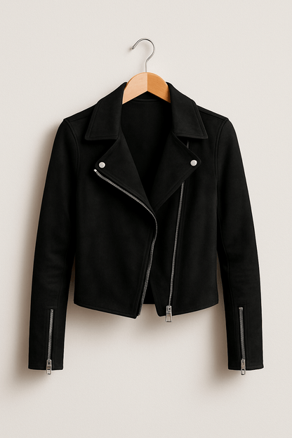 Lederbikerjacke Damen Modern Wildleder Optik Schwarz