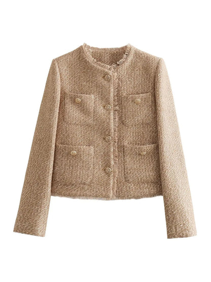Damen Blazer Kurz Elegant Klassisch Tweed