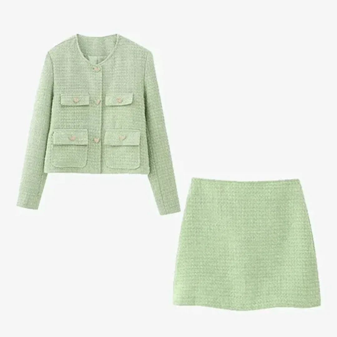 Damen Zweiteiler Set - Elegante Jacke Minirock Tweed