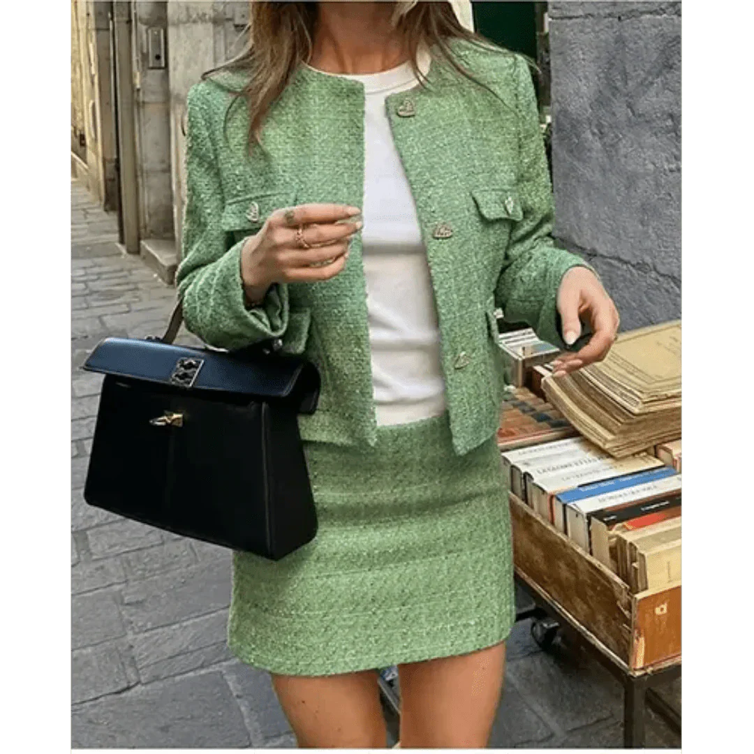 Damen Zweiteiler Set - Elegante Jacke Minirock Tweed - BerlinGlamour