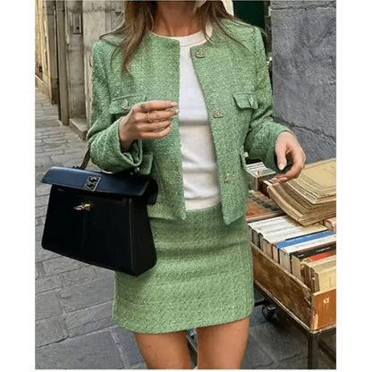 Damen Zweiteiler Set - Elegante Jacke Minirock Tweed - BerlinGlamour