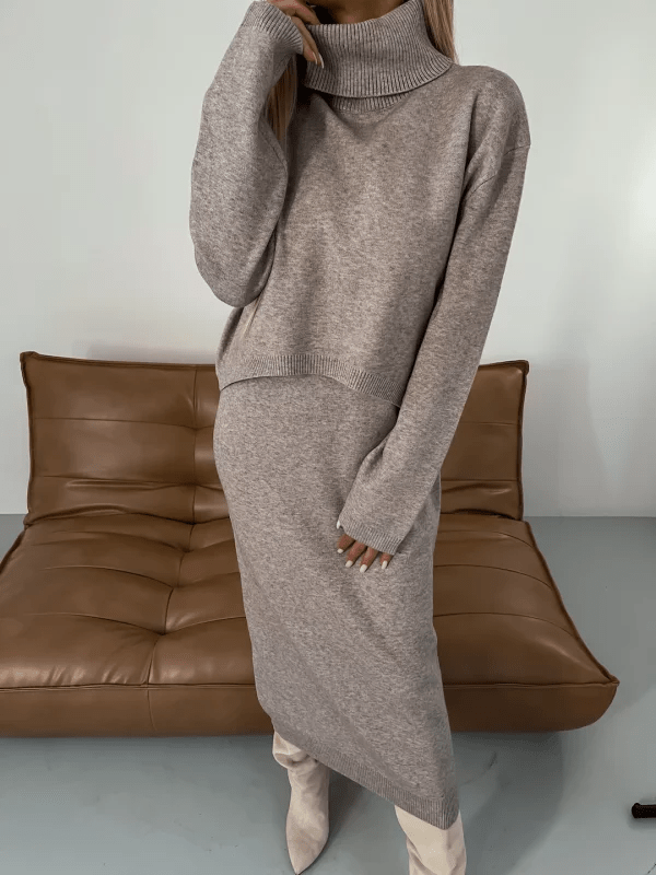 Damen Strick Zweiteiler Rollkragen Pullover und Midi Kleid