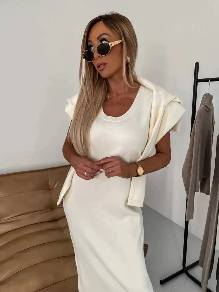 Damen Strick Zweiteiler Rollkragen Pullover und Midi Kleid
