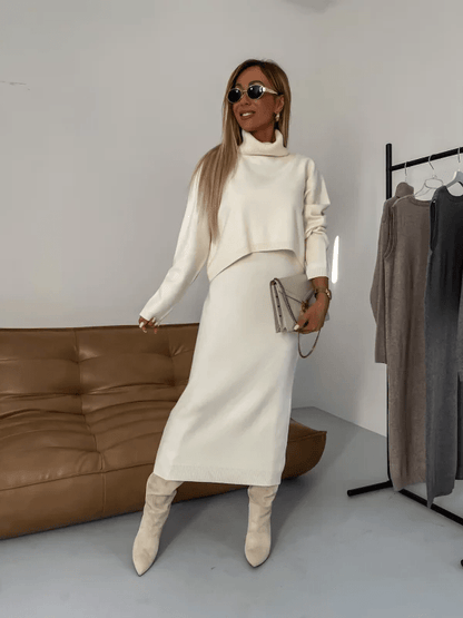Damen Strick Zweiteiler Rollkragen Pullover und Midi Kleid - BerlinGlamour