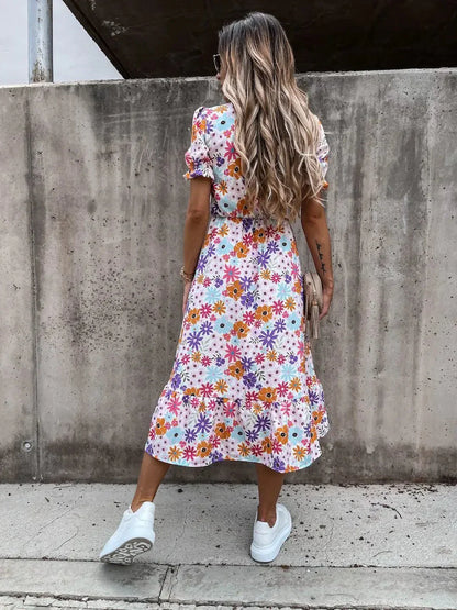 Sommerkleid Blumenmuster Knopfleiste Bequem Damenkleid